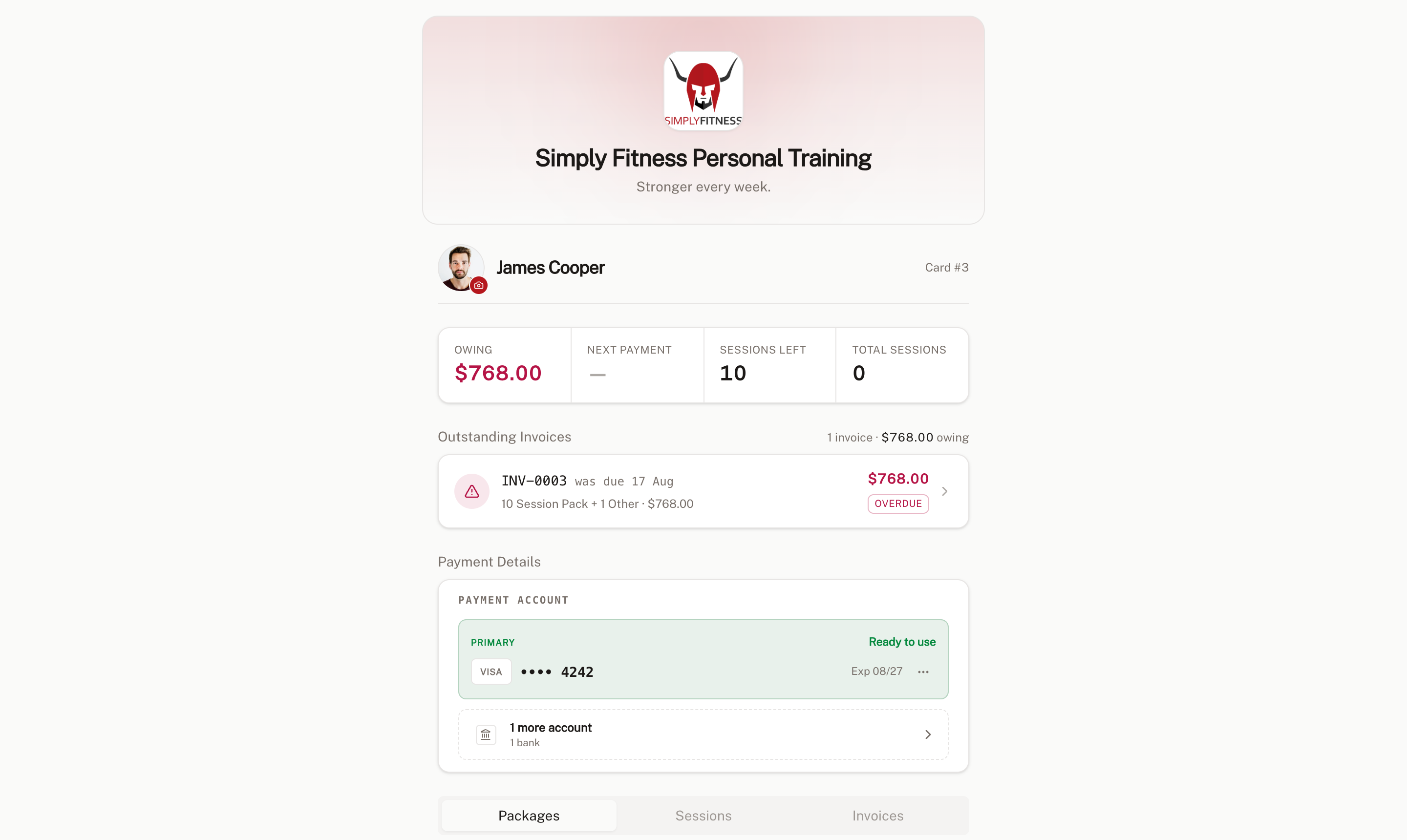 The client portal in Fitreon Studio, showing a client's balance, outstanding invoice and payment details