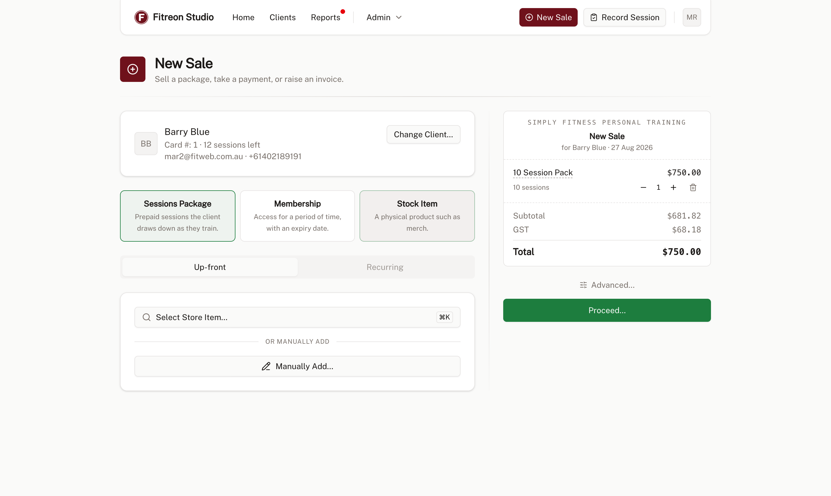 The New Sale screen in Fitreon Studio, with package templates and a sale docket